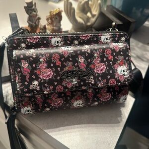 Ed Hardy Black Crossbody with Pink Floral & Skull Print